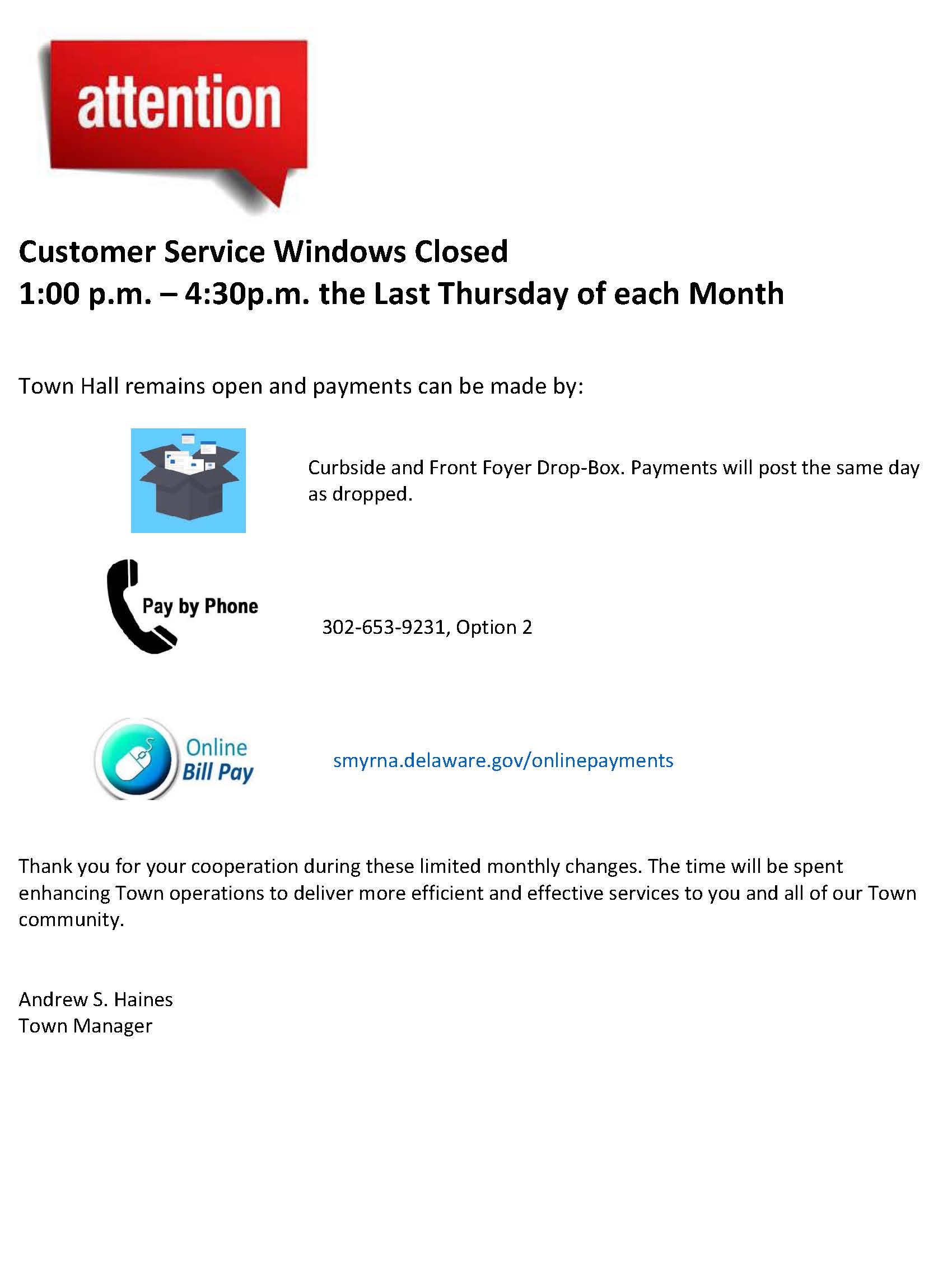 Customer Service Window Thursday Closures notice